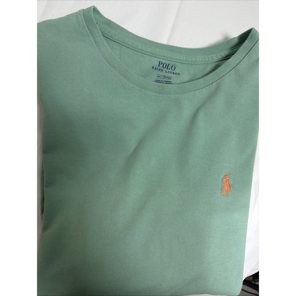 Polo Ralph Lauren Men's Cotton T-Shirt Green - Orange Pony Long‎ Sleeve Cotton M